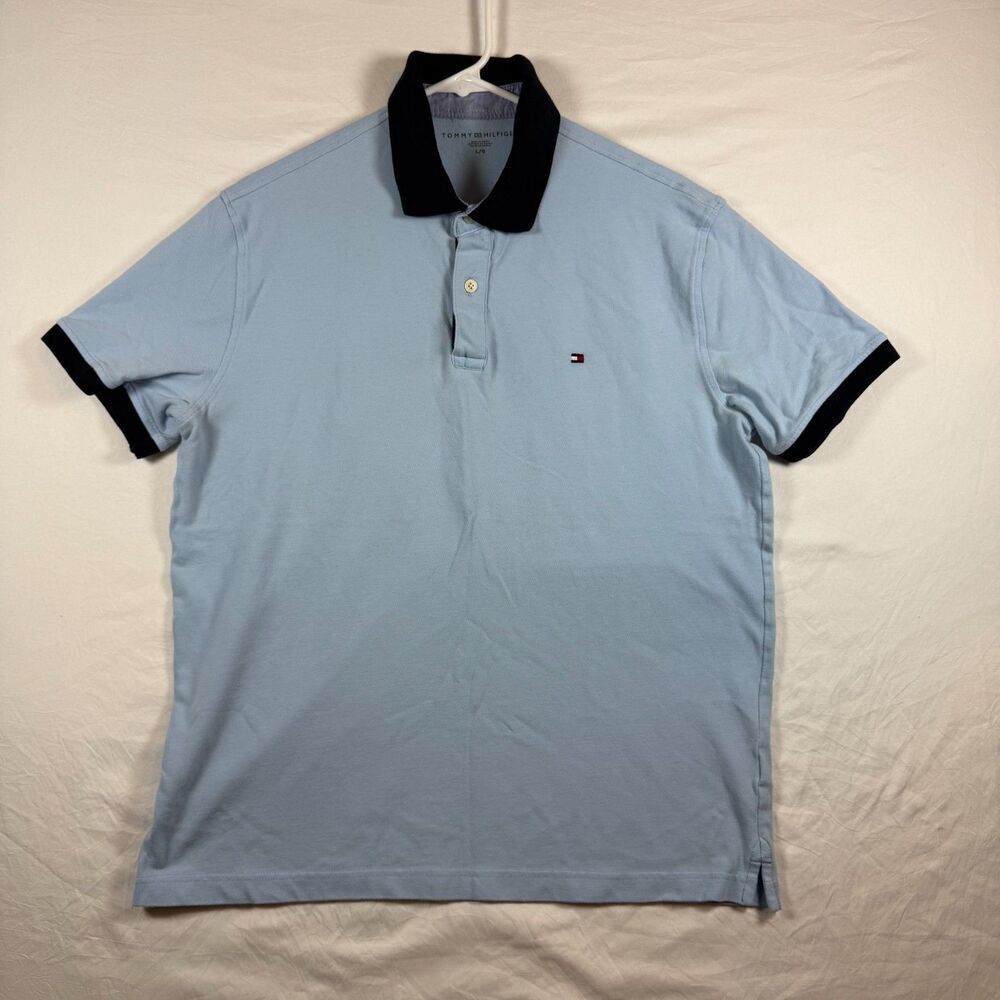 Tommy Hilfiger Contrast Collar Polo Men's L Light Blue Navy Trim